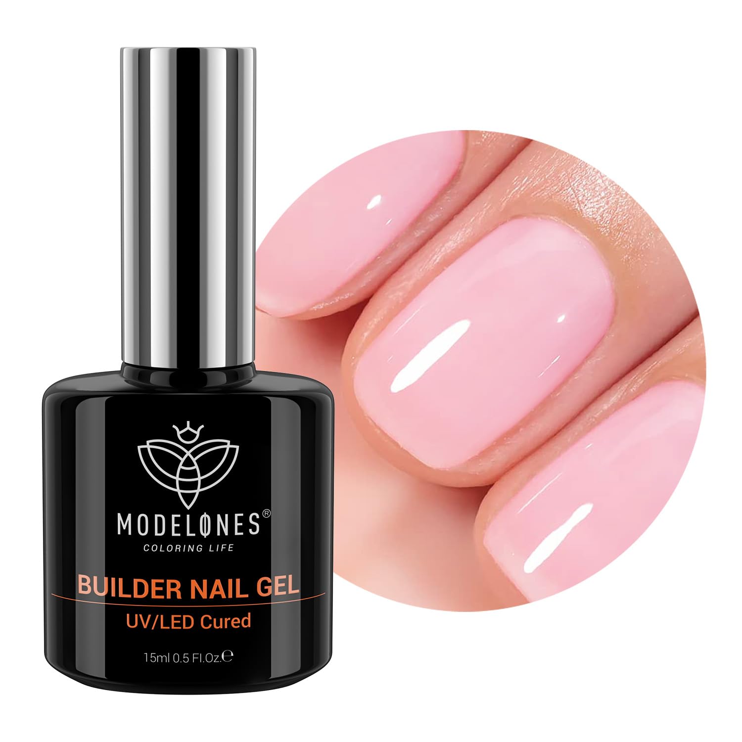 Modelones gel builder rosado 8 en 1, base y color en un solo paso.