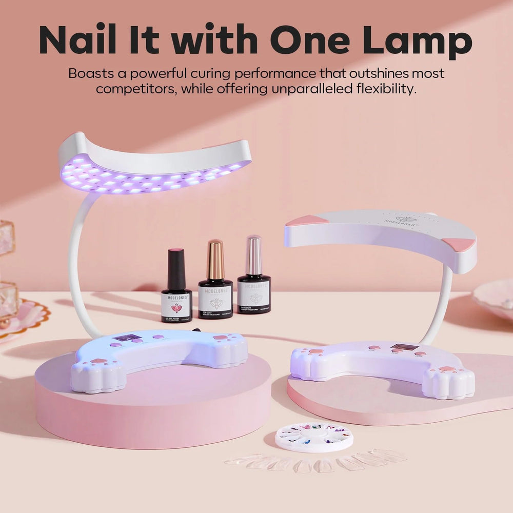 Modelones gooseneck arm extended for precise lighting during gel nails.