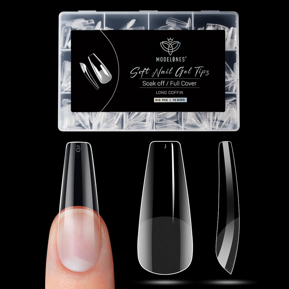 Modelones long coffin nail tips shown for at home manicure with salon quality results