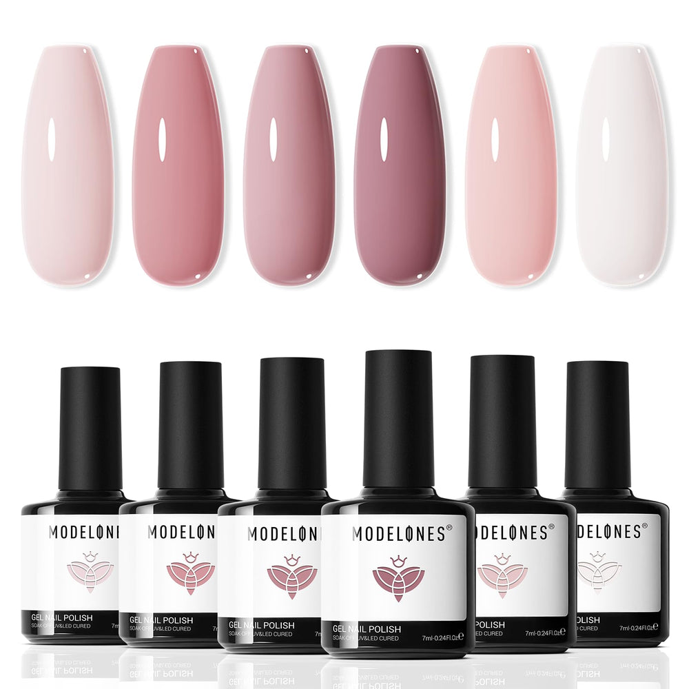 Modelones Set gel 6 colores nude rosa, cobertura impecable para uñas elegantes