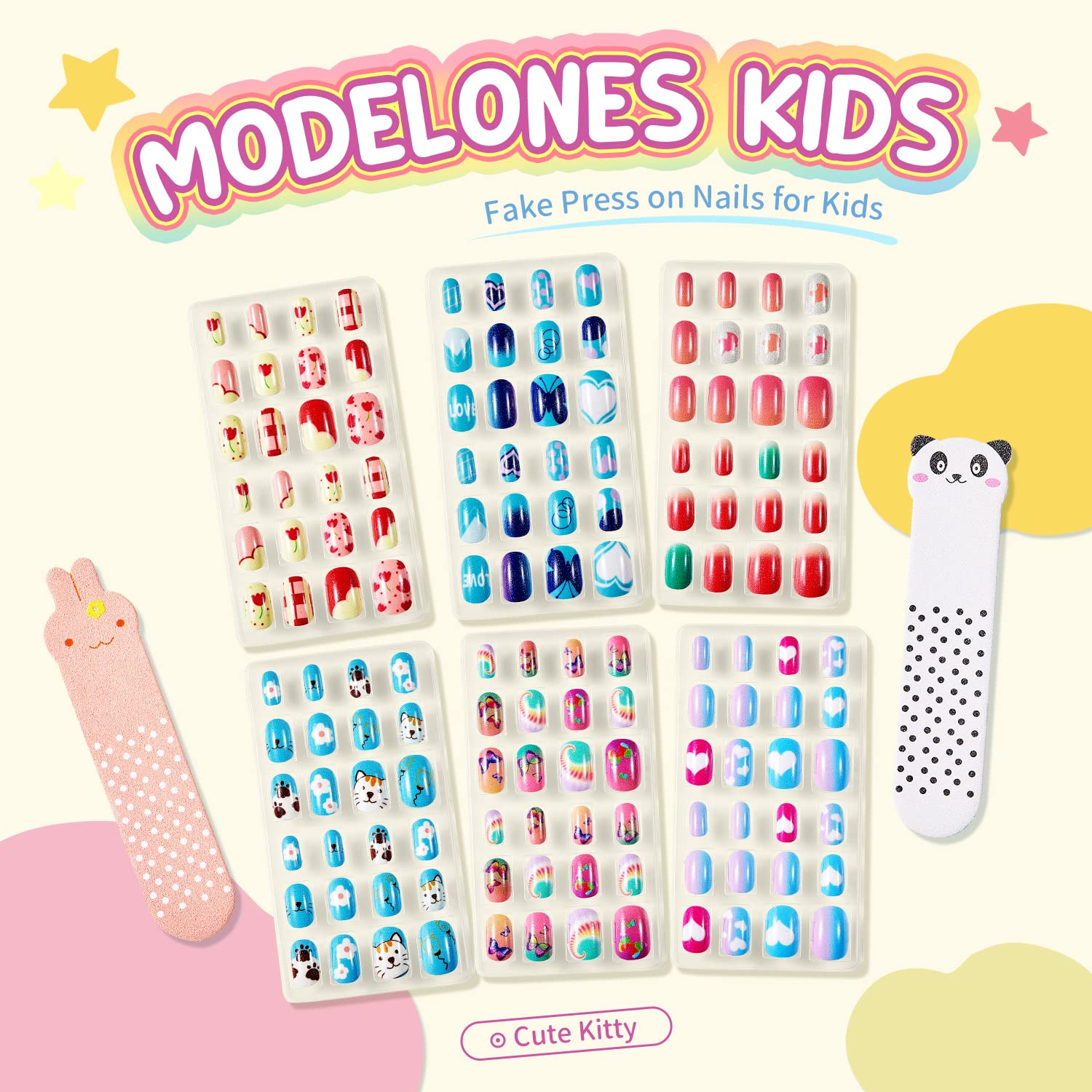 Modelones uñas infantiles con diseño de gato para fiestas y juegos
