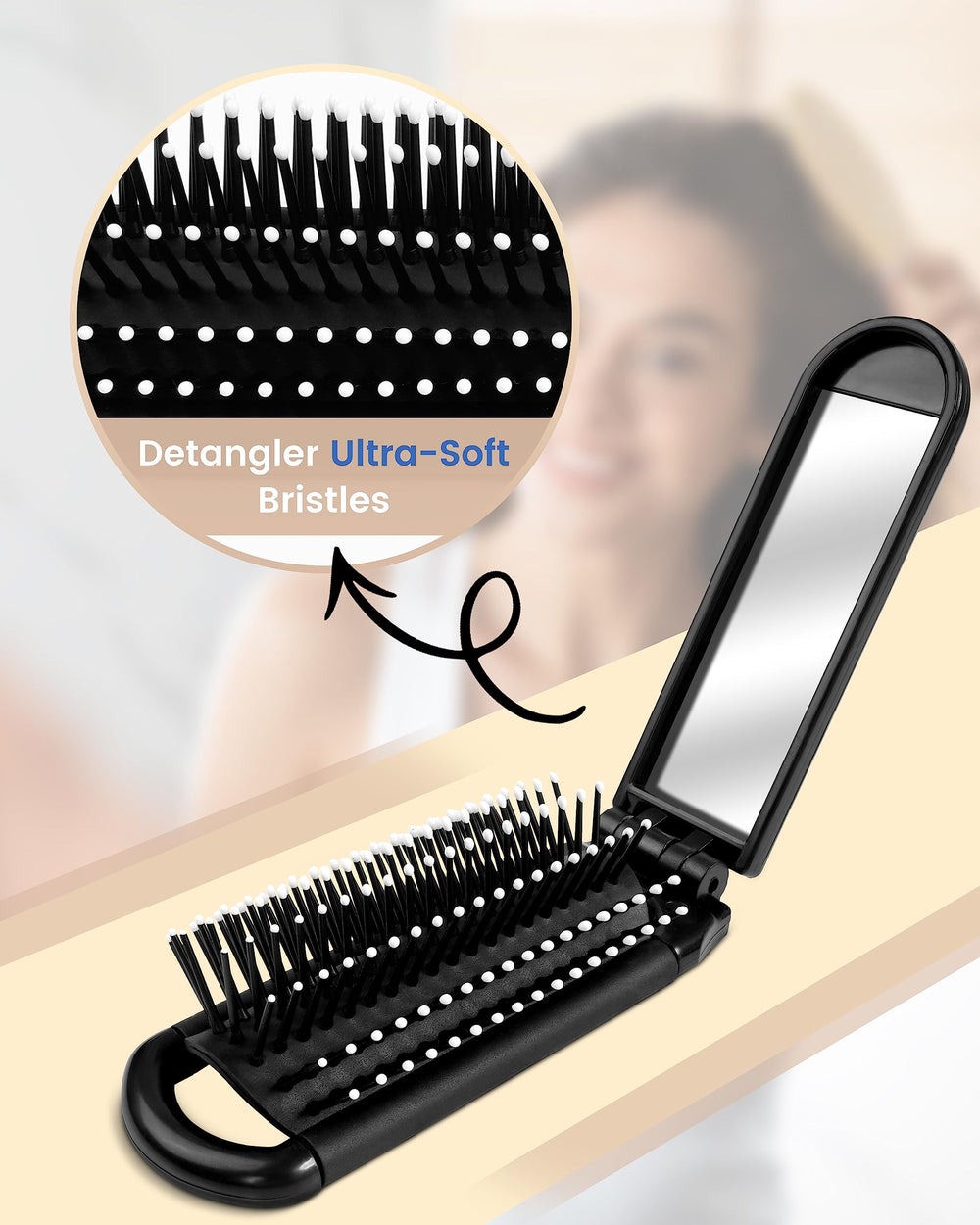 Cepillo plegable MoHern con espejo negro para bolsos y uso diario.