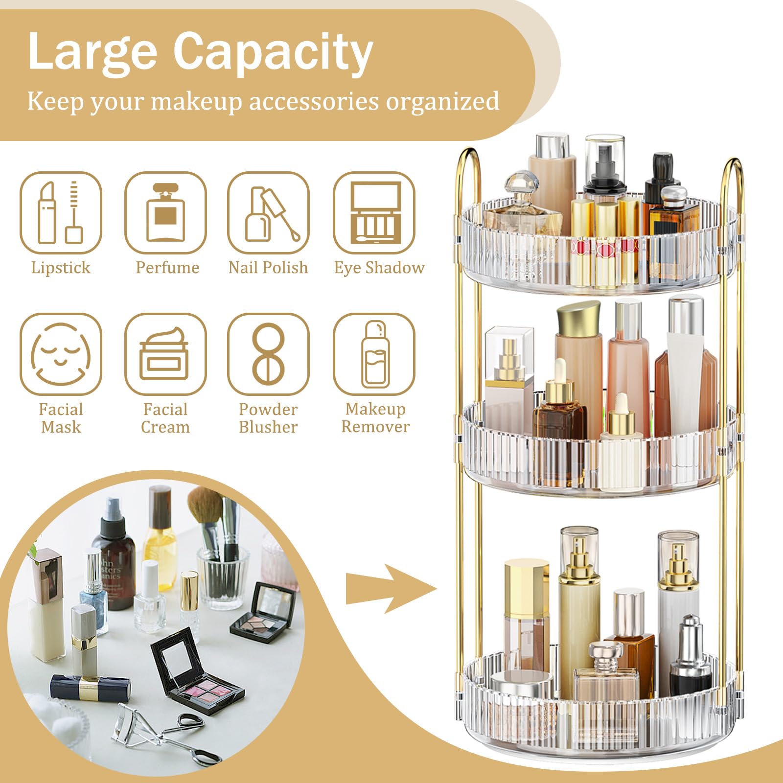 MOKANI Organizador de 3 niveles ajustables para labiales, perfumes y más.