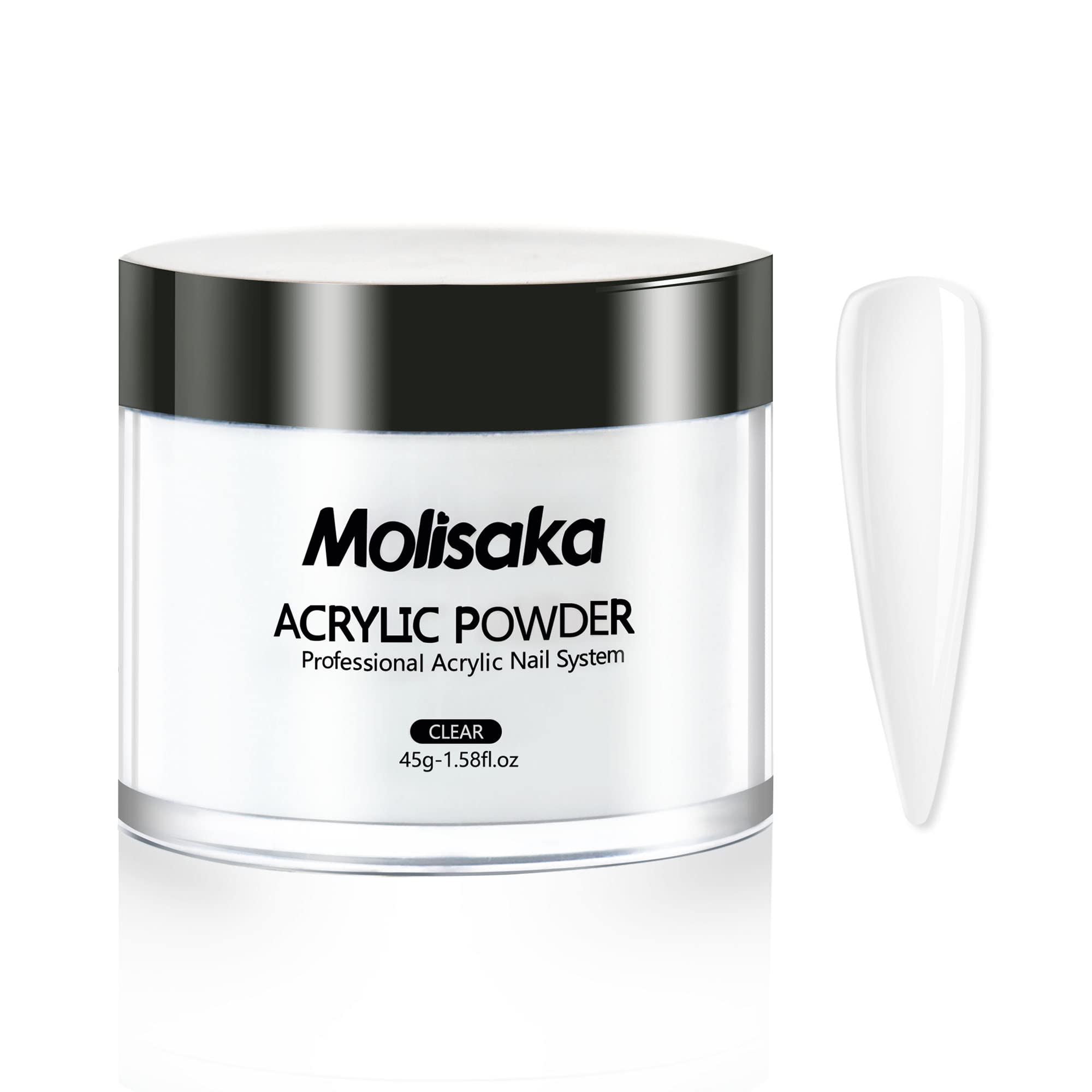 Molisaka polvo acrílico claro en bote, superficie suave para uñas lisas y naturales.
