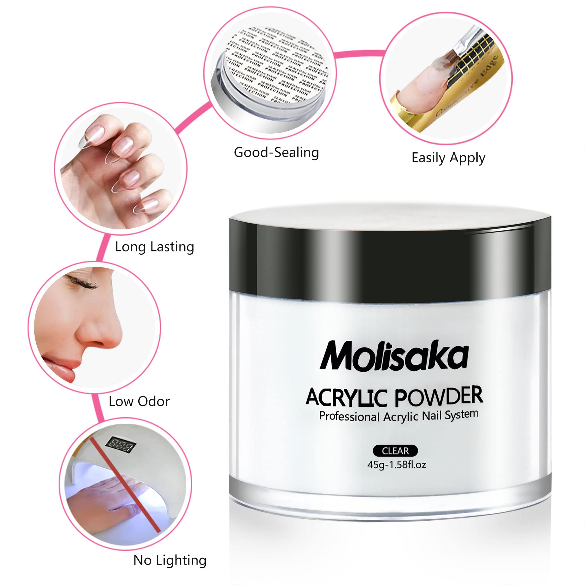 Molisaka polvo acrílico claro, sin necesidad de curado con lámpara ultravioleta.