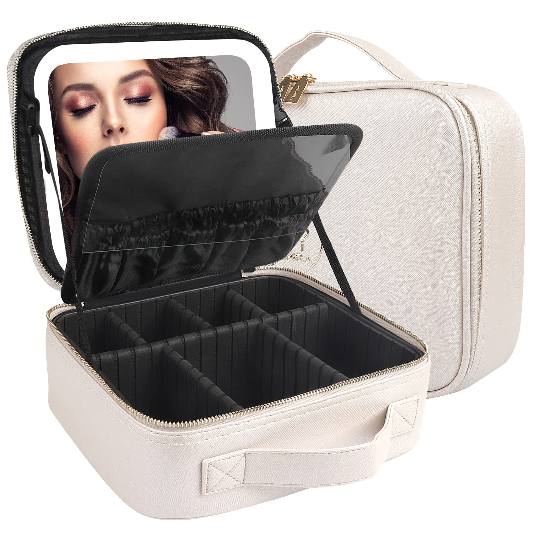 MOMIRA estuche de maquillaje de viaje con espejo iluminado para retoques rápidos.