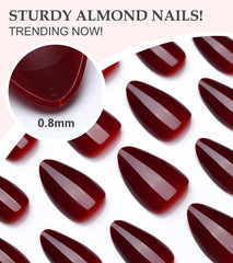 Morily uñas postizas forma almendra burdeos, talla variada para ajuste perfecto.