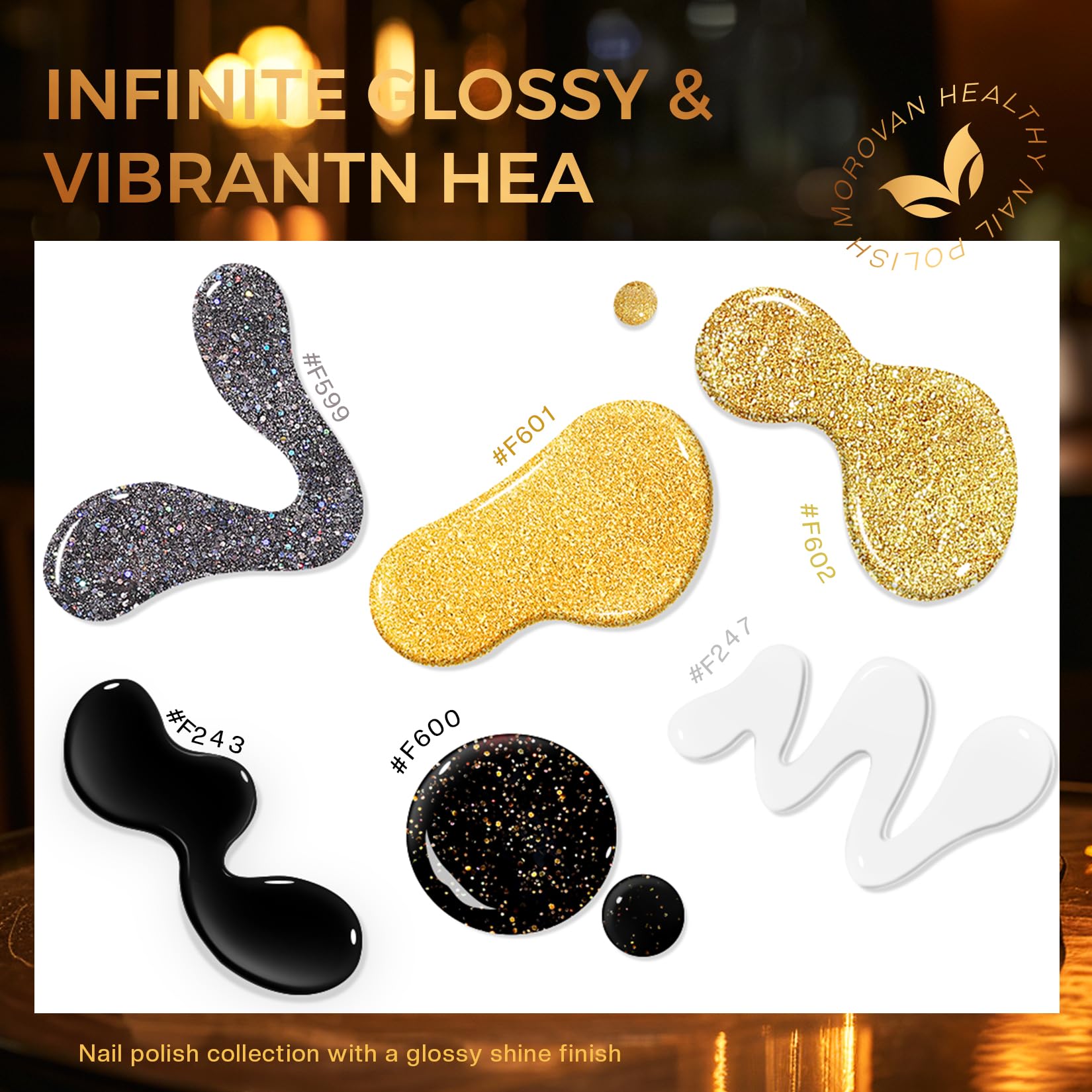 Morovan esmalte dorado de lujo para uñas elegantes.