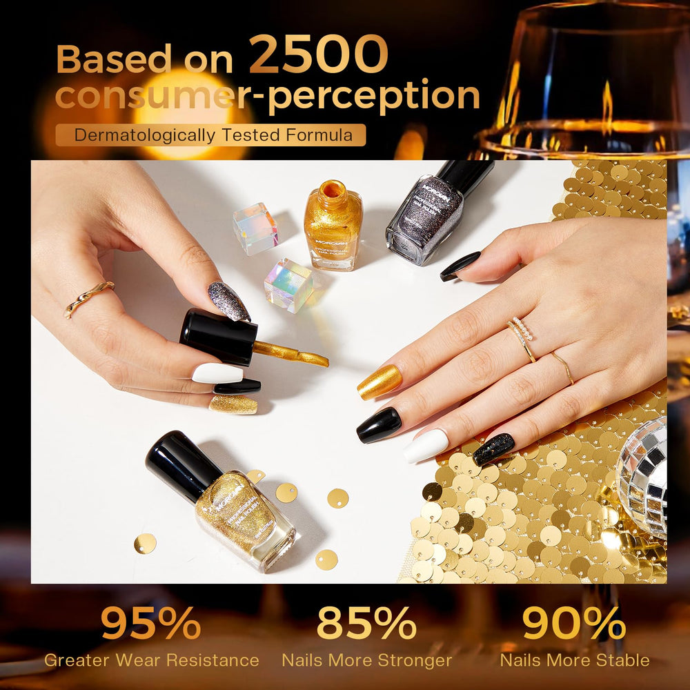 Morovan esmalte dorado glitter para looks festivos.