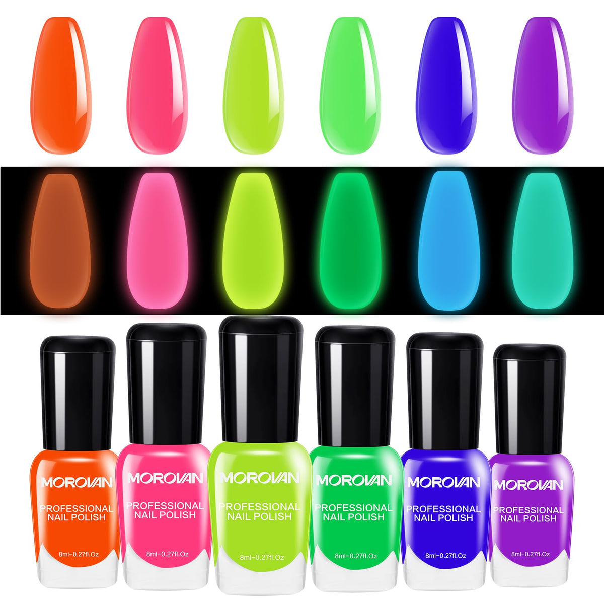 Morovan set de esmaltes neón brillando en la oscuridad, ideal para fiestas.