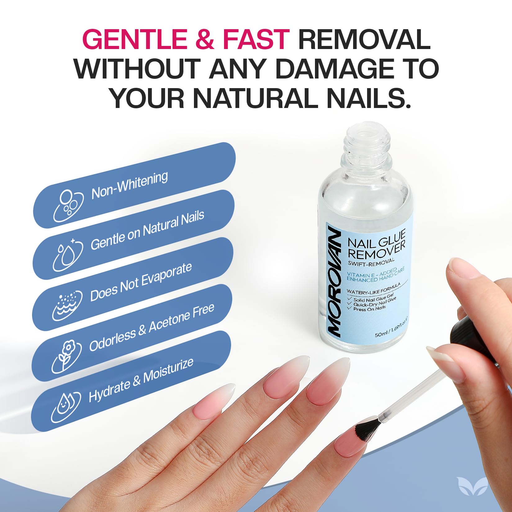 Morovan remover-pegamento-uñas con aplicador: facilita la retirada de uñas postizas.