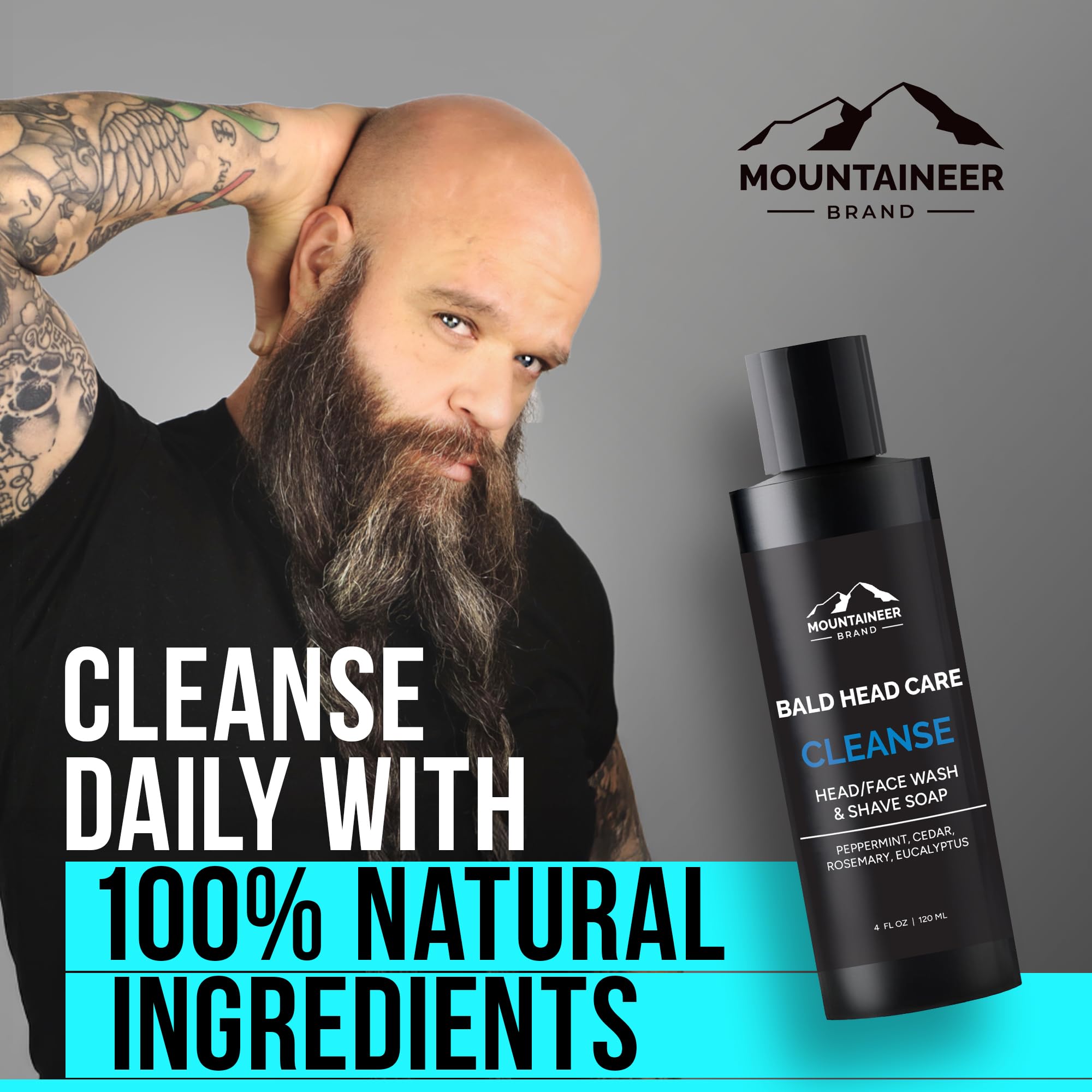 Frasco de 4oz de Mountaineer Brand con ingredientes naturales para el cuidado diario.