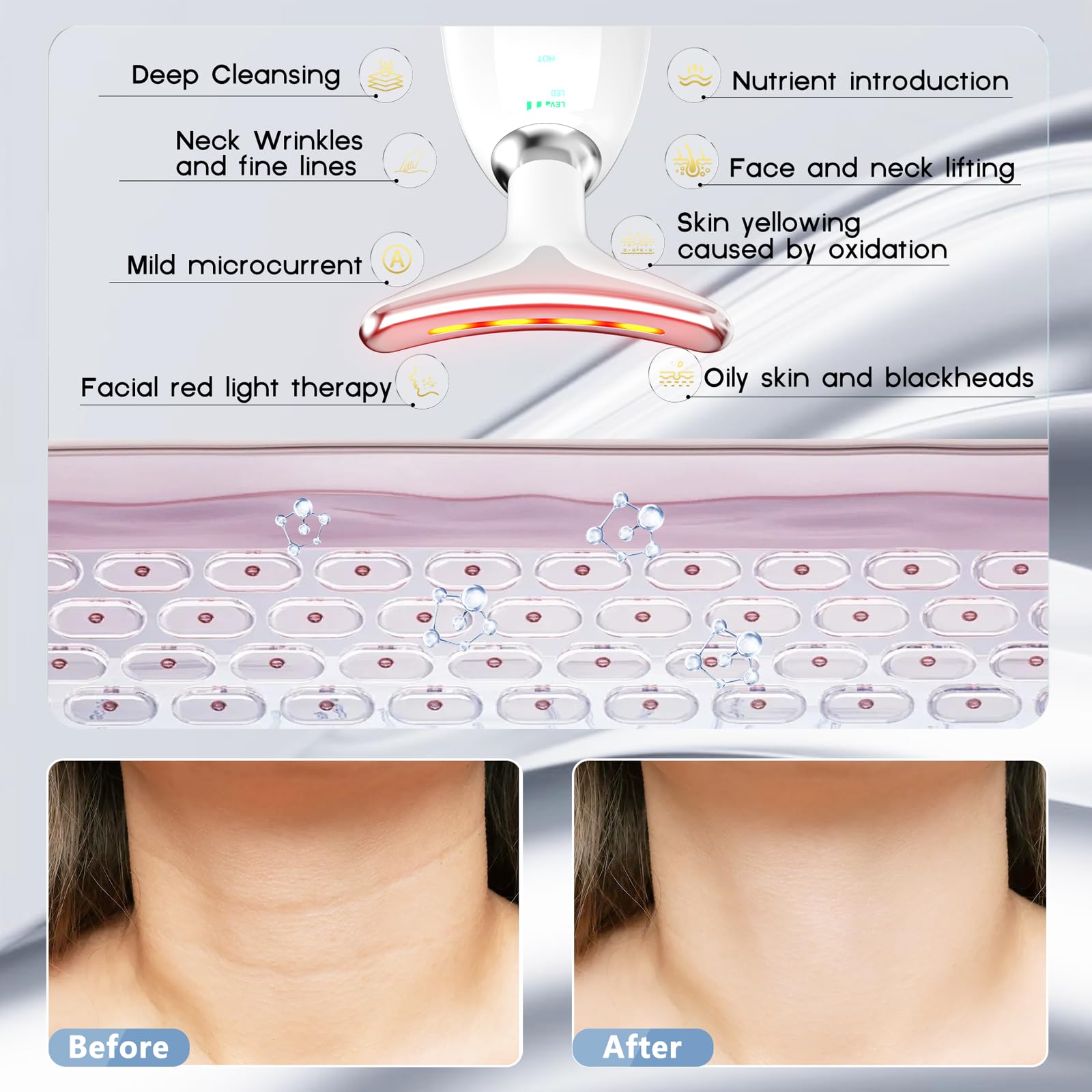 MOYAC hot mode warms skin to support product absorption.