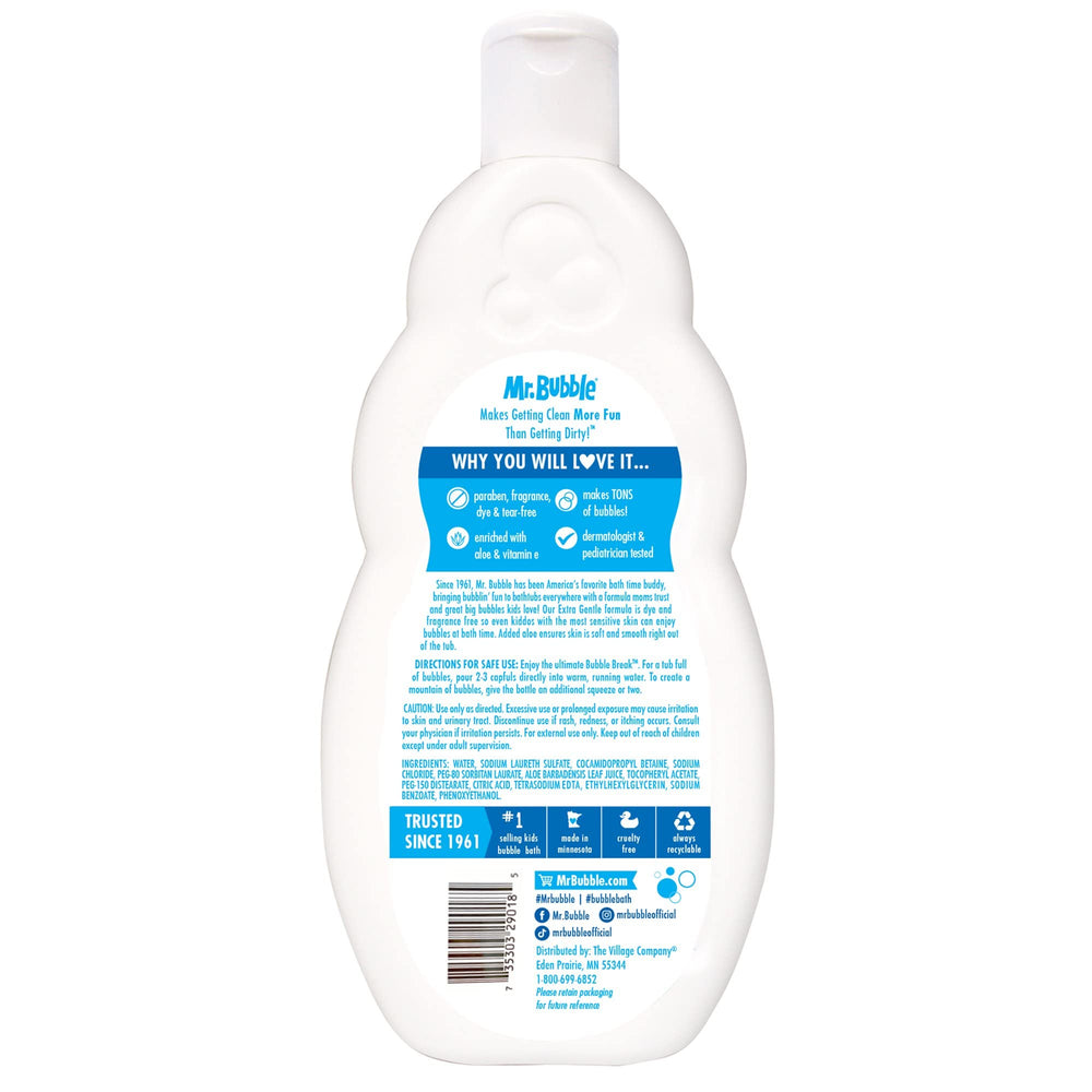 Mr. Bubble Baño Extra Suave, burbujas cremosas, experiencia suave para toda la familia.