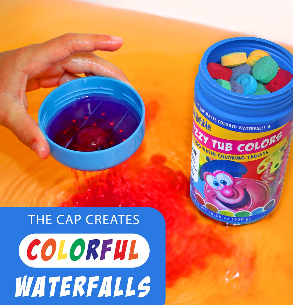 Mr. Bubble Fizzy Tub Colors cap waterfall demonstrates color flow for creative play