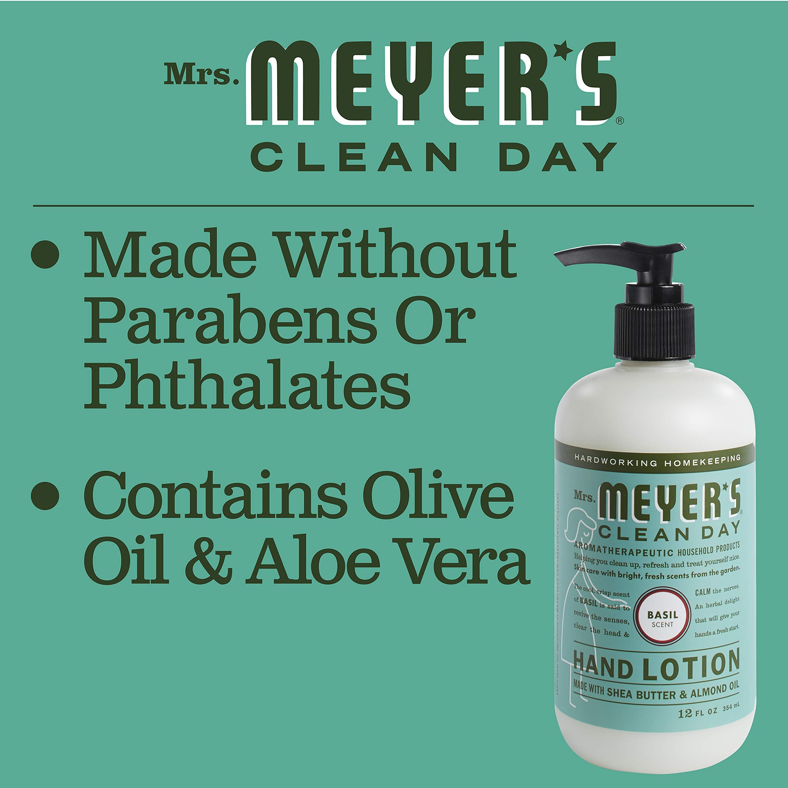 Envase verde con diseño botánico de Mrs. Meyer's.