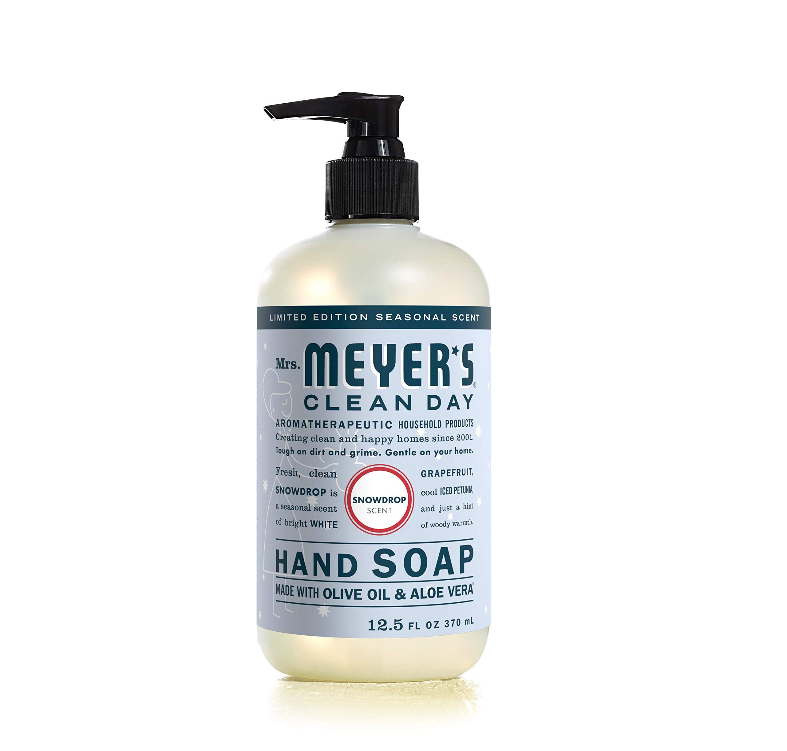 Mrs. Meyer's Snowdrop jabón de manos, vertido en frasco, aroma fresco para invierno.