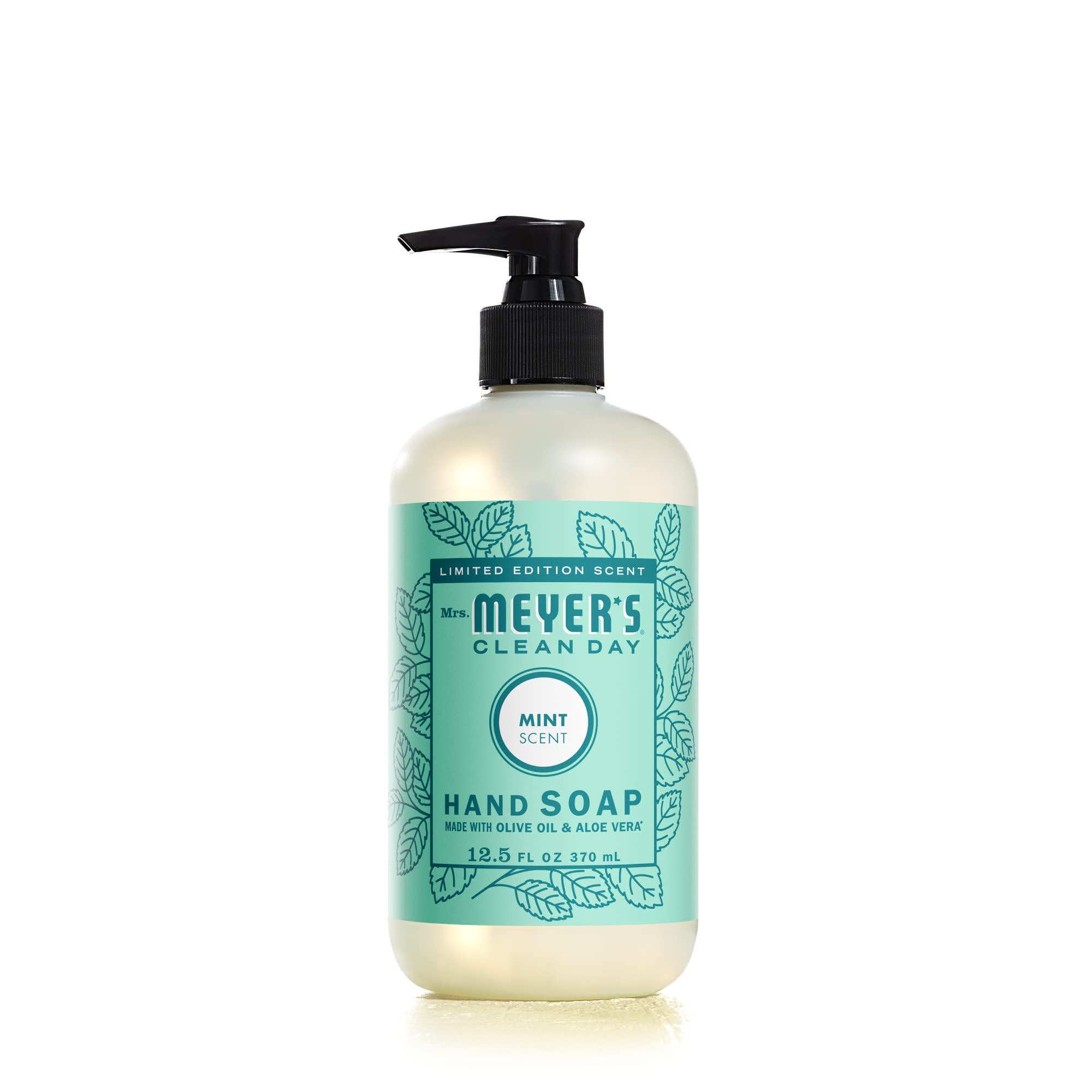 Jabón de manos Mrs. Meyer's Clean Day con menta, aroma refrescante para uso diario.