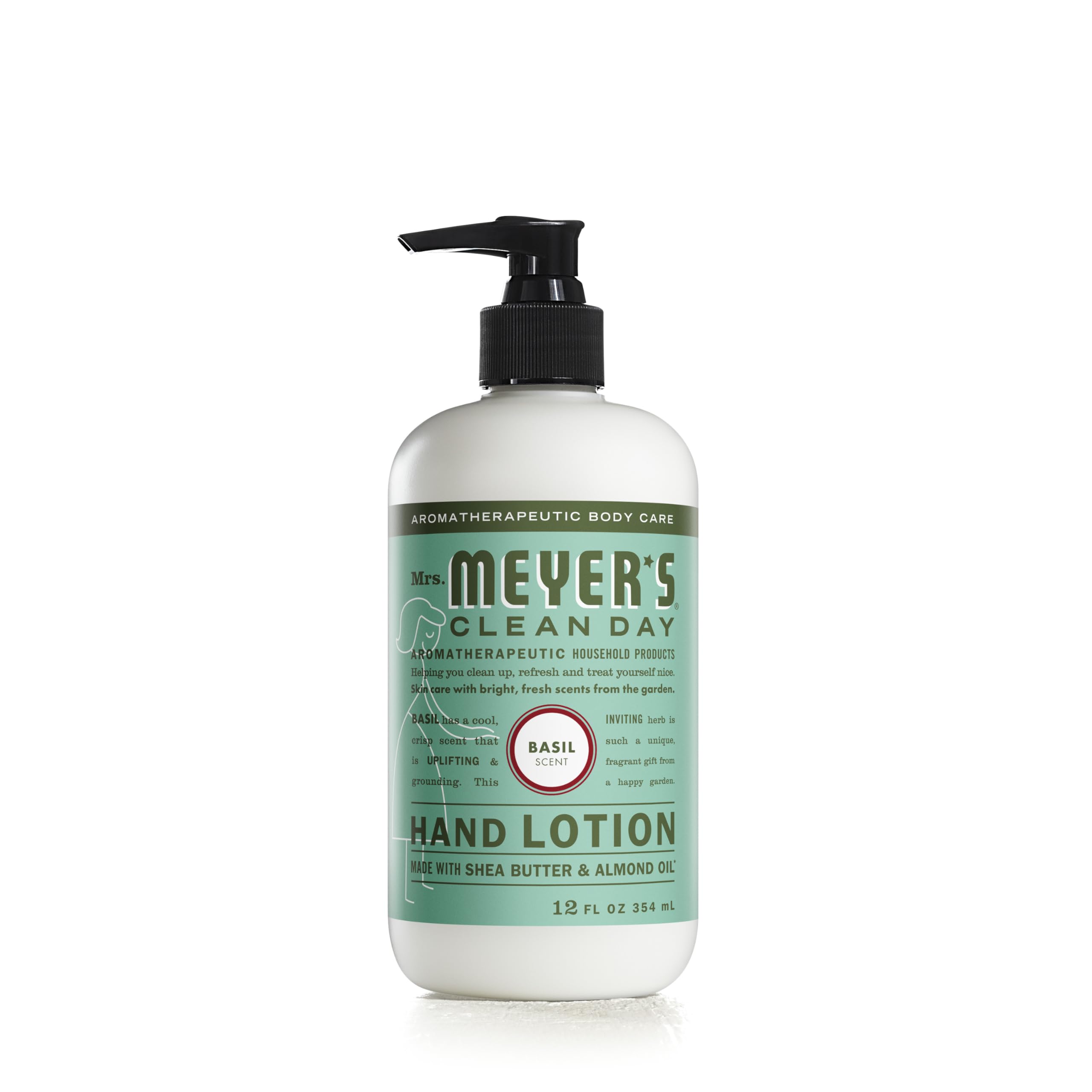 Loción Basil de Mrs. Meyer's, botella de 12 oz, hidratación suave sin grasa.
