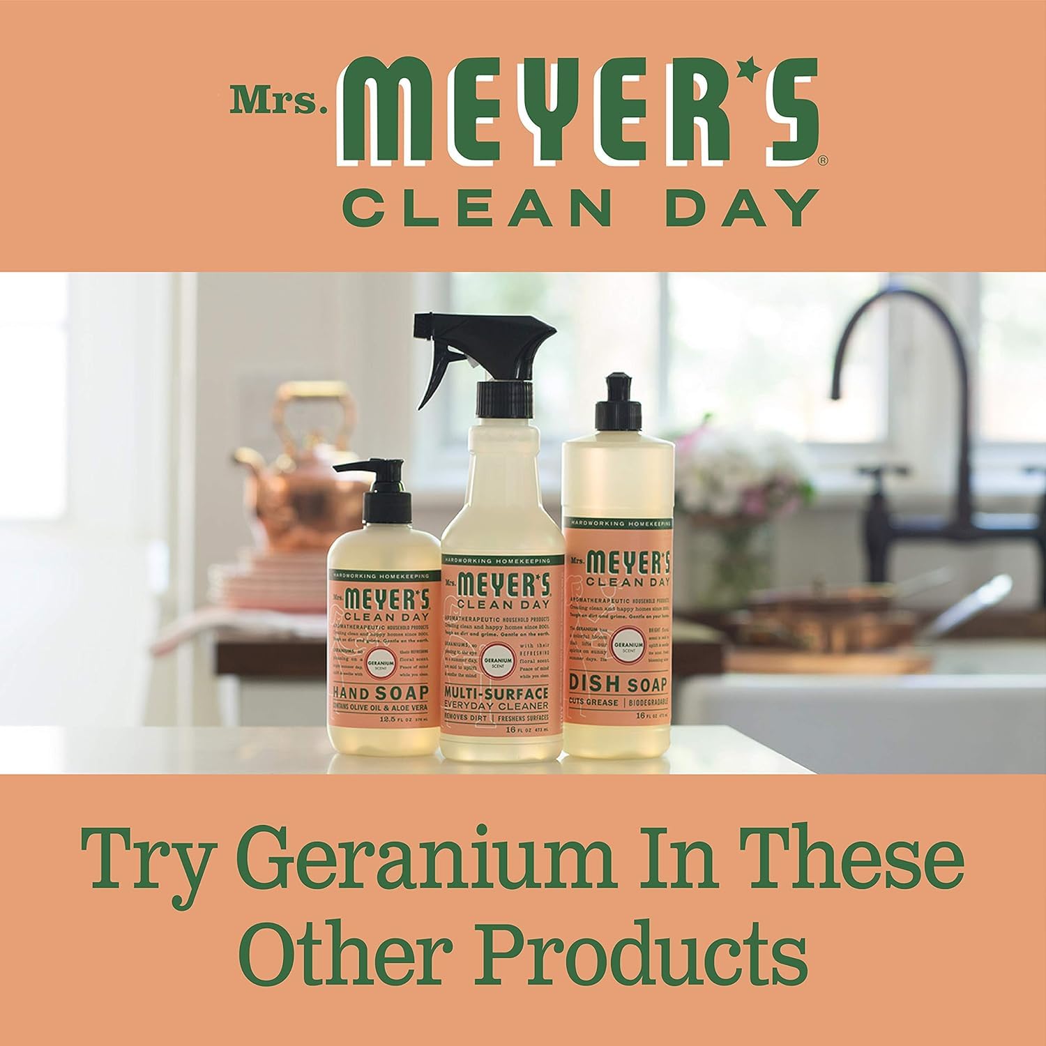 Dispensing pump with Mrs. Meyer's Clean Day hand soap refill at a sink.