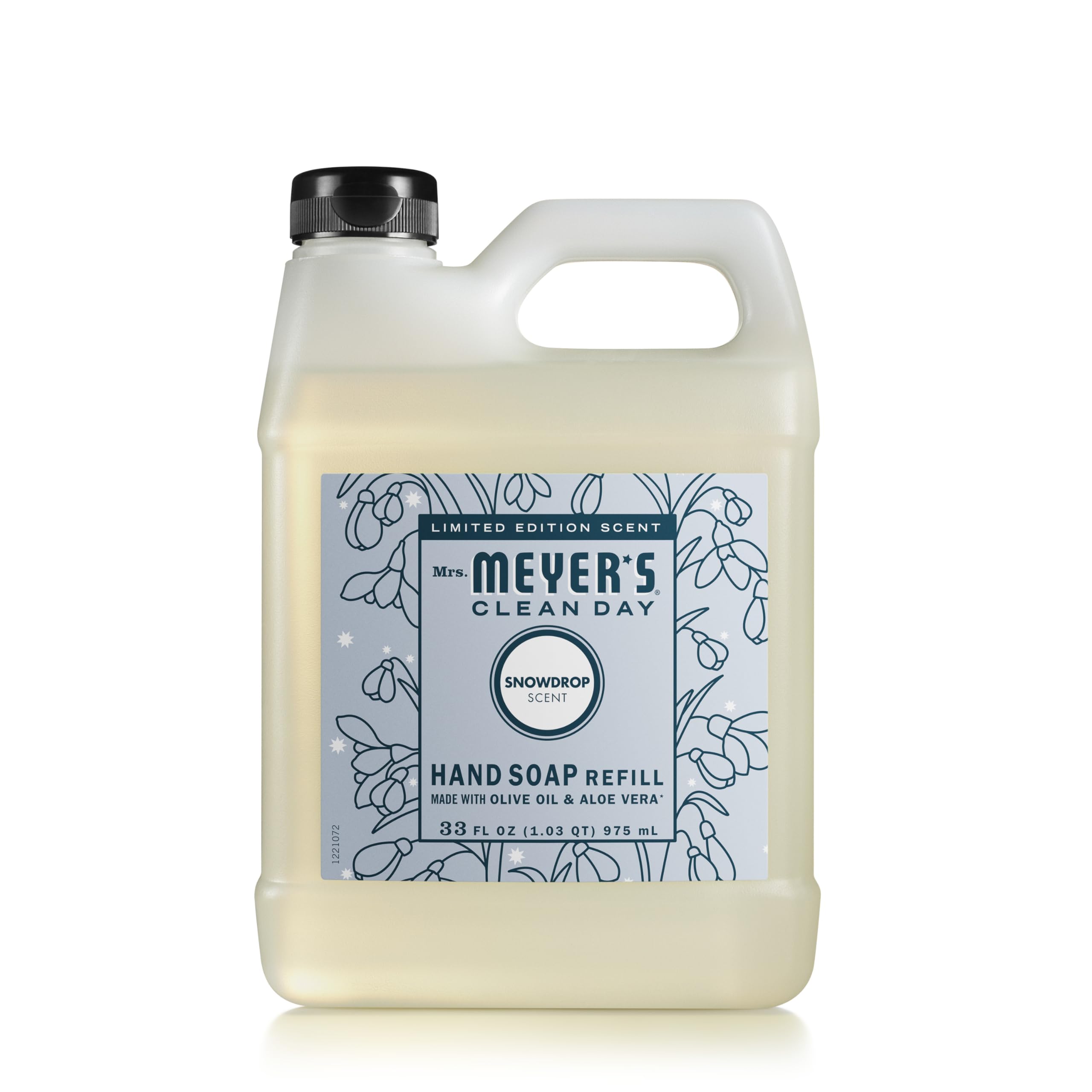Jabón de manos Mrs. Meyer's Snowdrop en botella, aroma suave para uso diario.