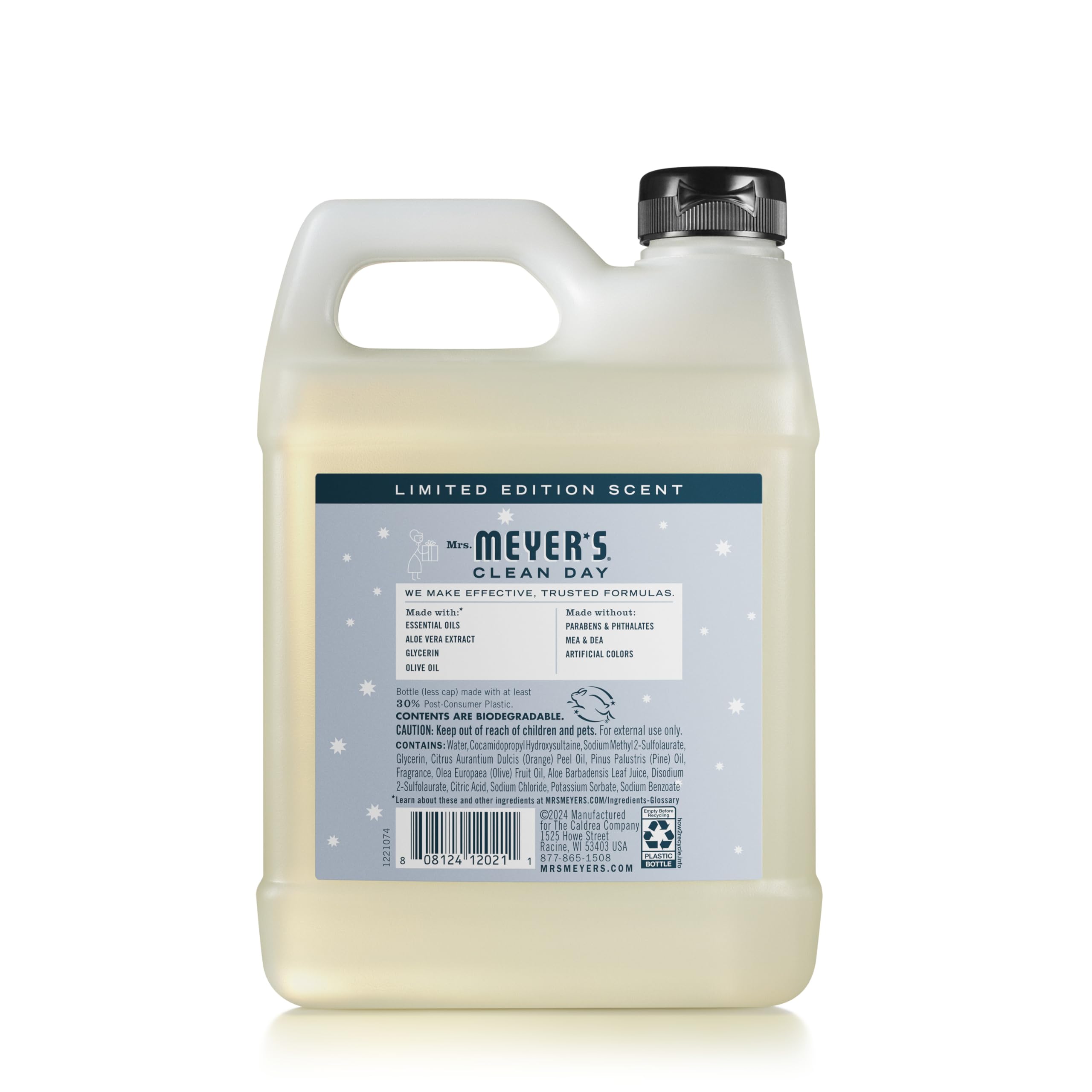 Vertido de Snowdrop de Mrs. Meyer's para rellenar dispensador con facilidad.