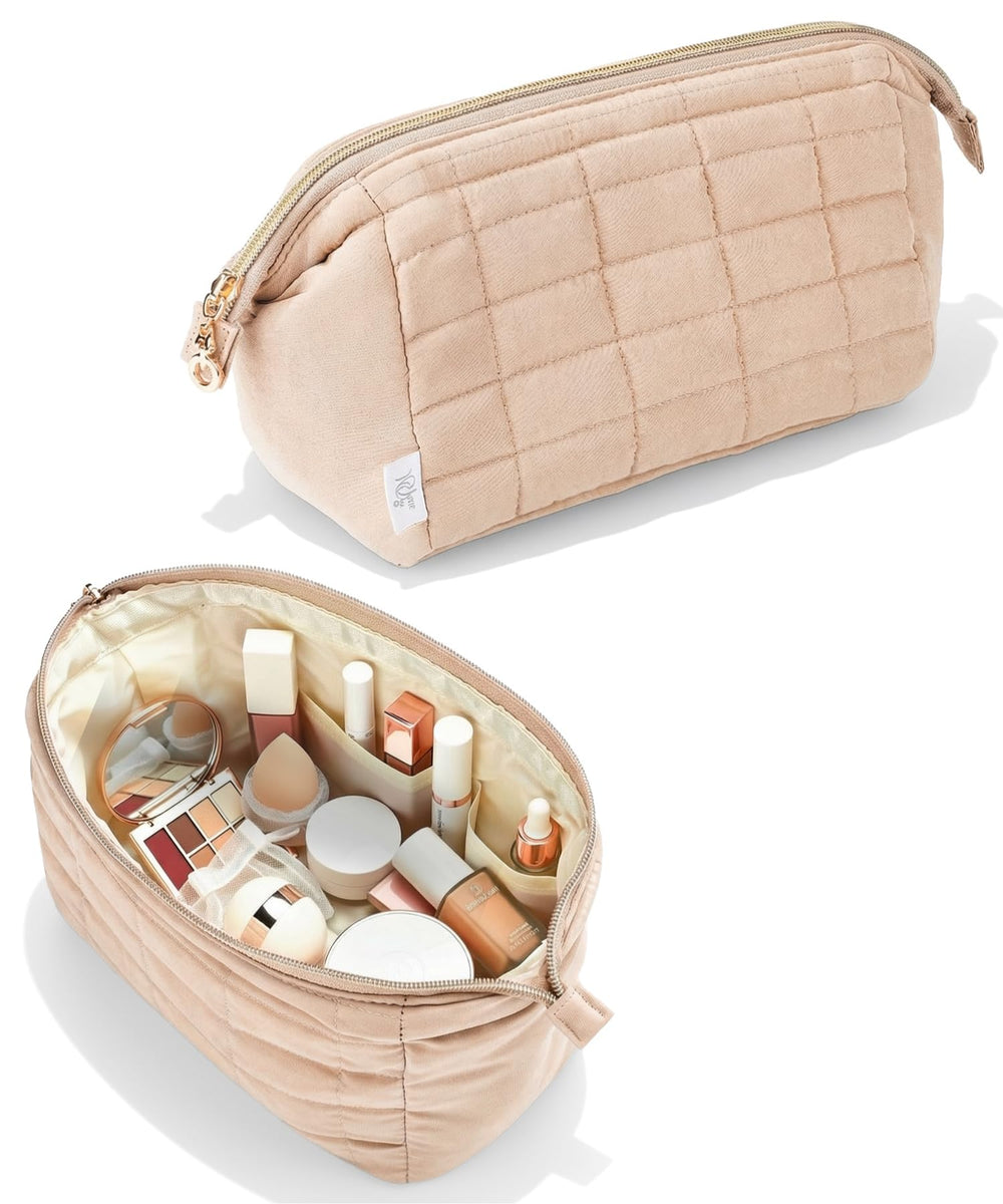 Ms. Pen bolso maquillaje acolchado beige, protección suave para cosméticos esenciales.