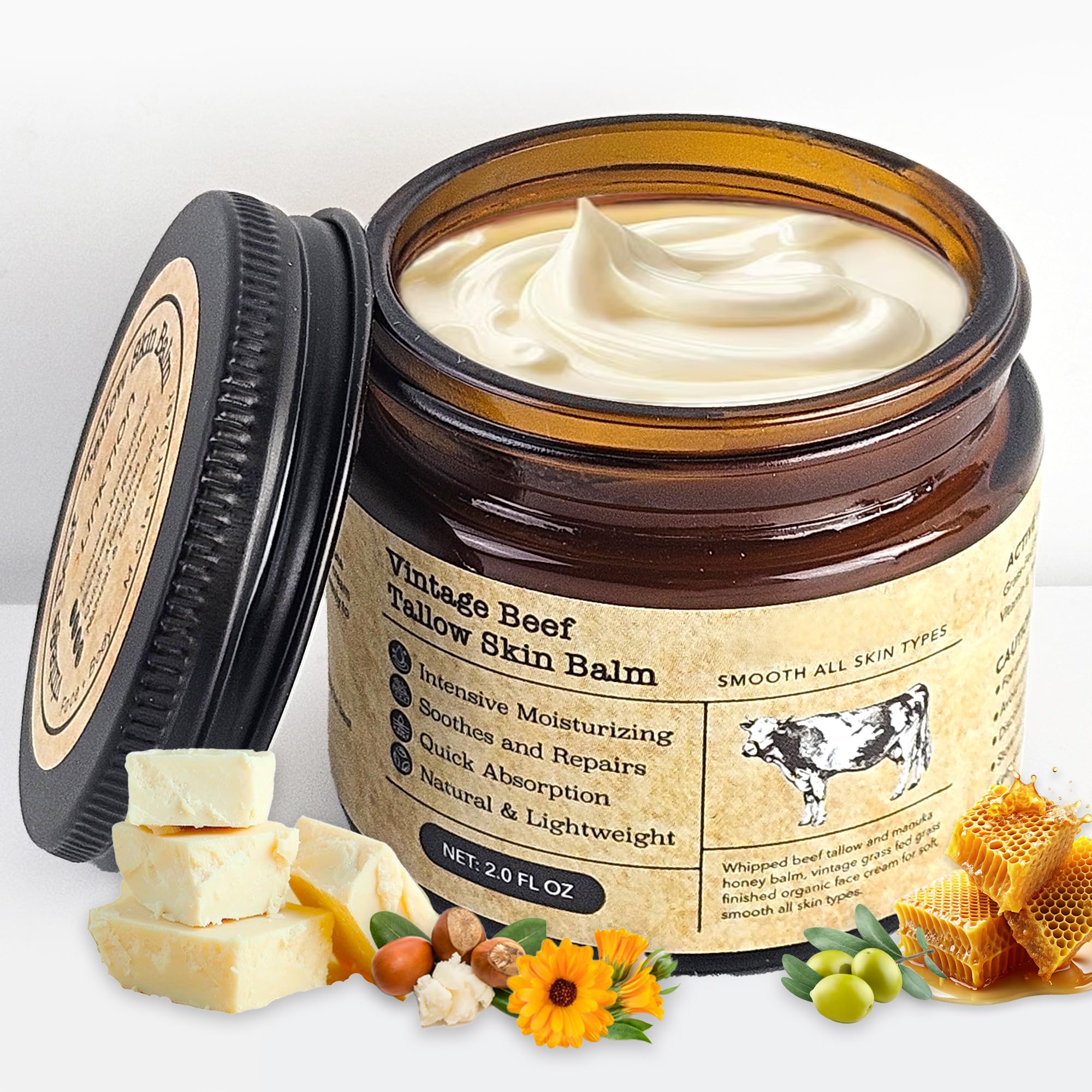 MTGBO Beef Tallow Honey Balm jar shows rich texture for deep hydration