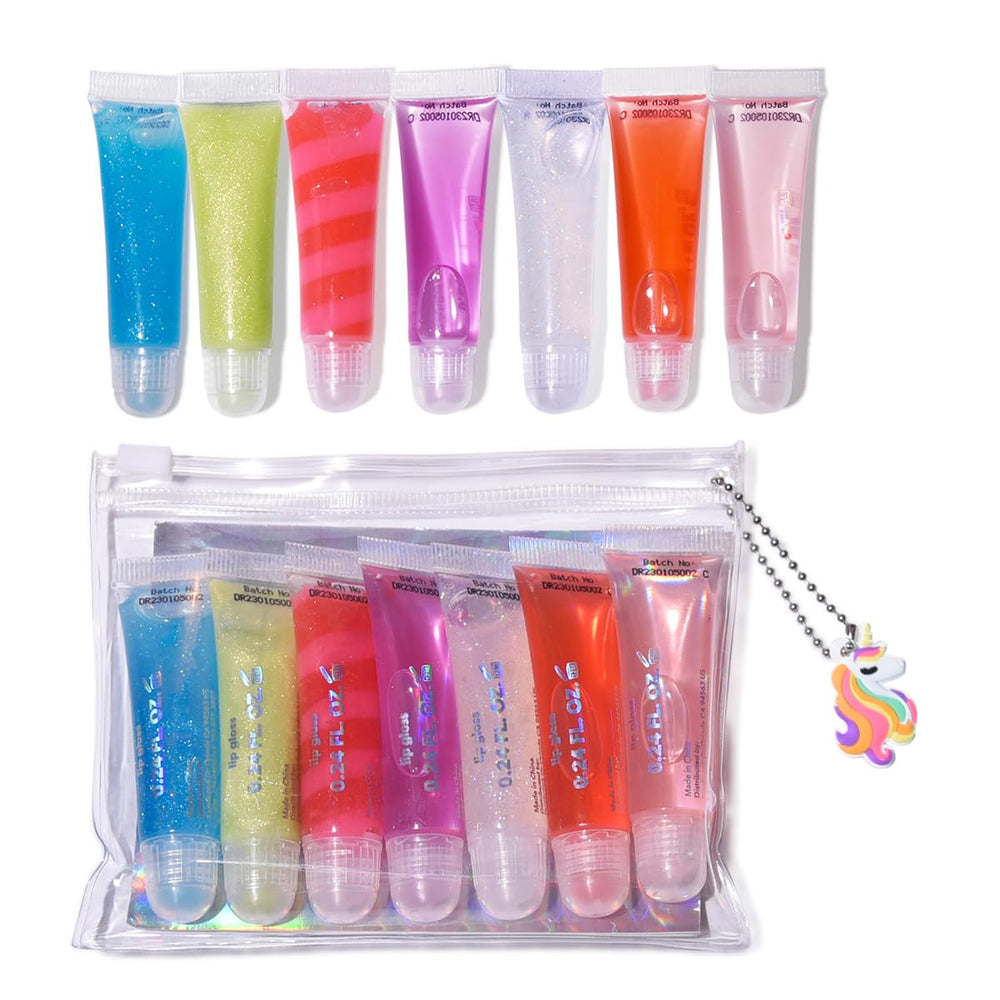 M&U Sparkle Lip Gloss Set con bolso, colores brillantes para fiesta.