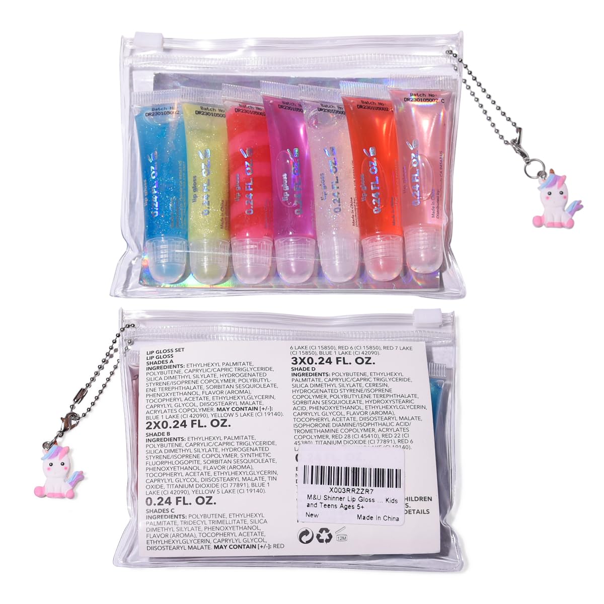 M&U Sparkle Lip Gloss Set sin pruebas en animales y seguro para uso externo.