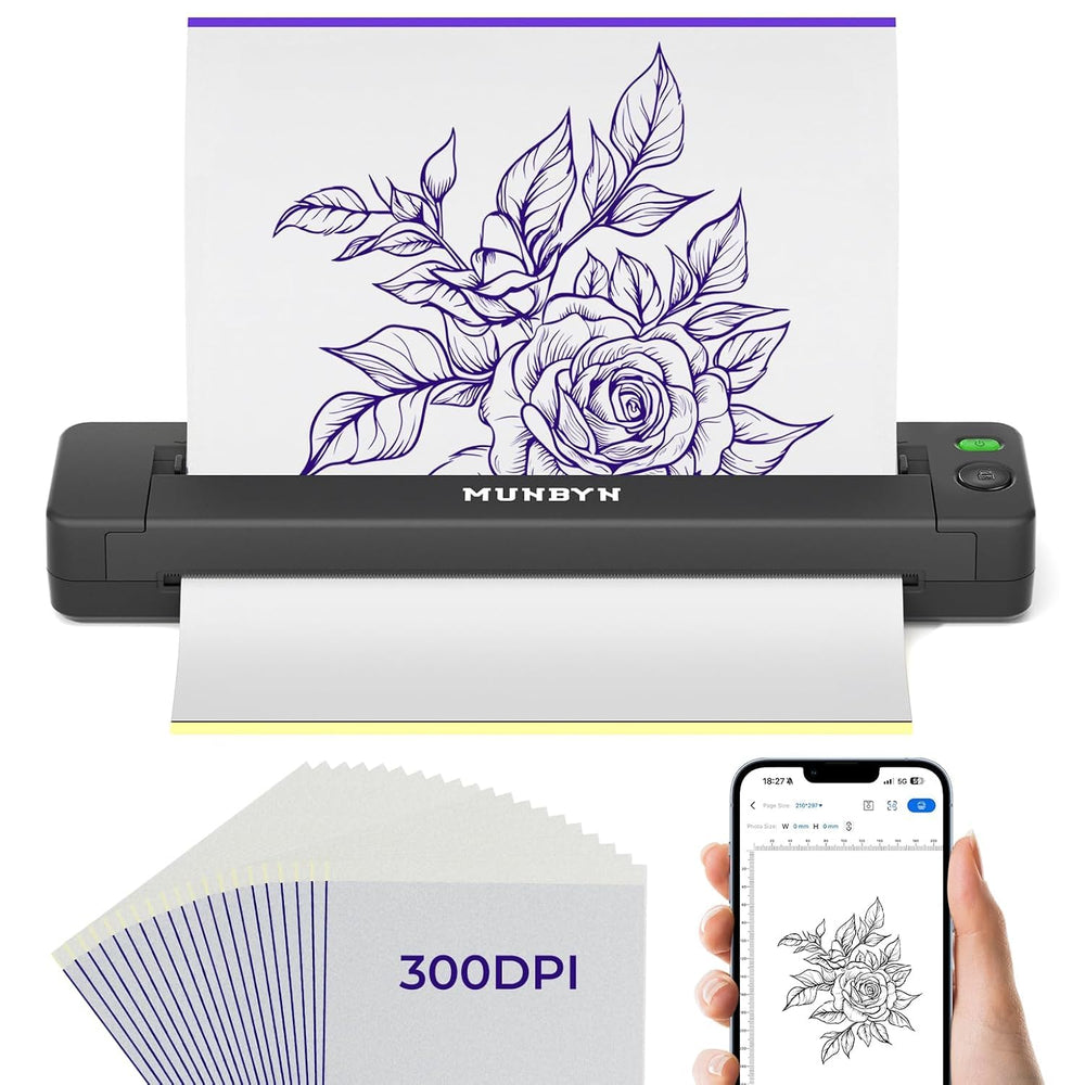 MUNBYN ITP06 frente de la impresora con impresión 300DPI para plantillas precisas.