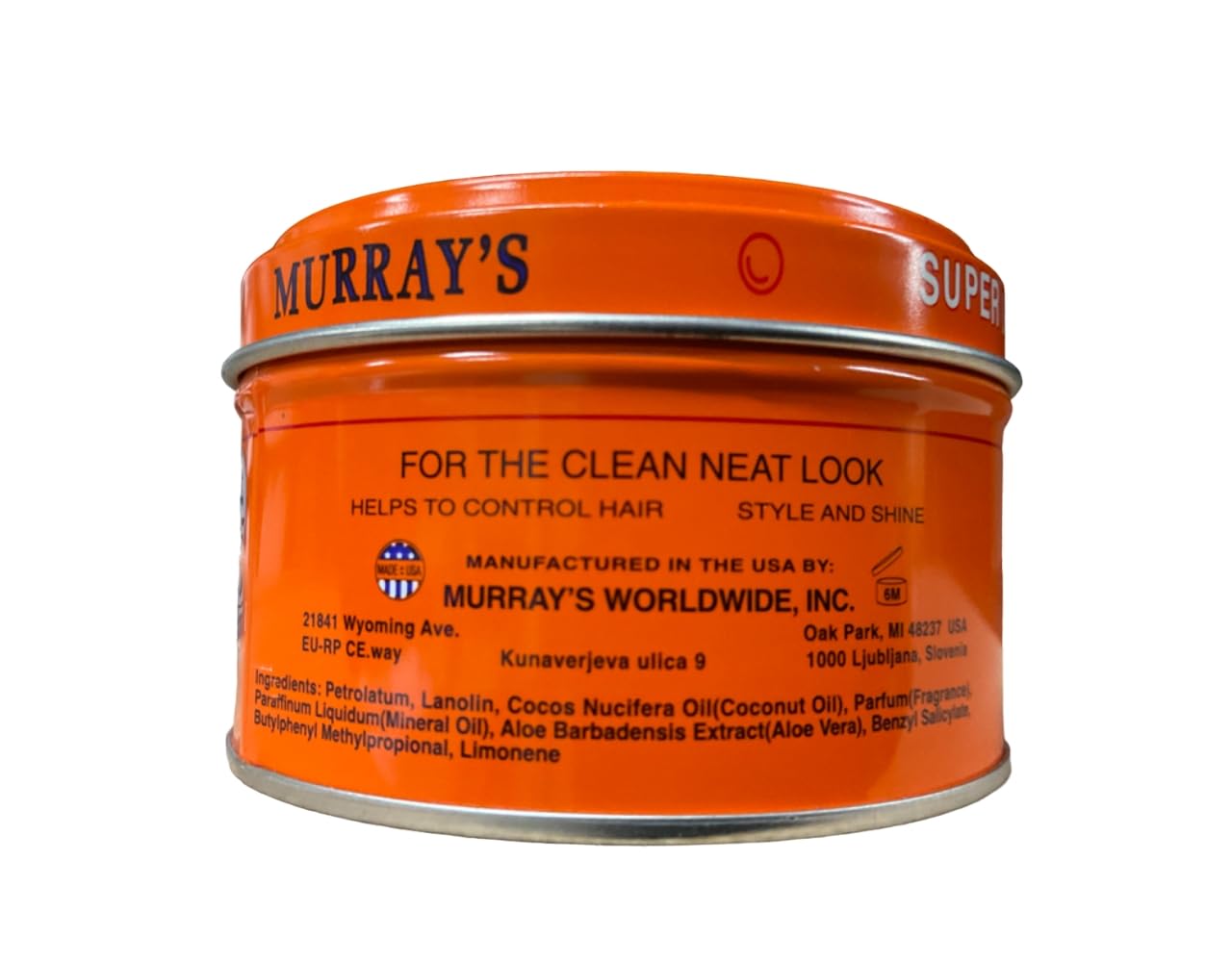 Murray's Super Light naranja/negro, etiqueta lateral, definición duradera y fácil de usar.