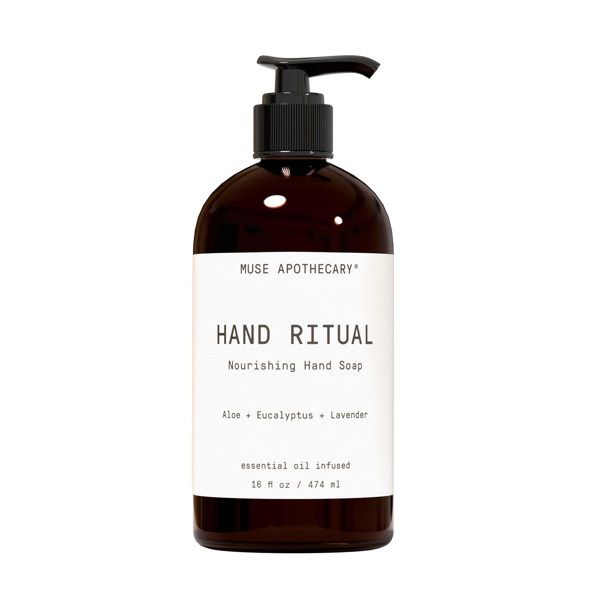 Muse Apothecary Hand Ritual: botella frontal, aroma suave para uso diario
