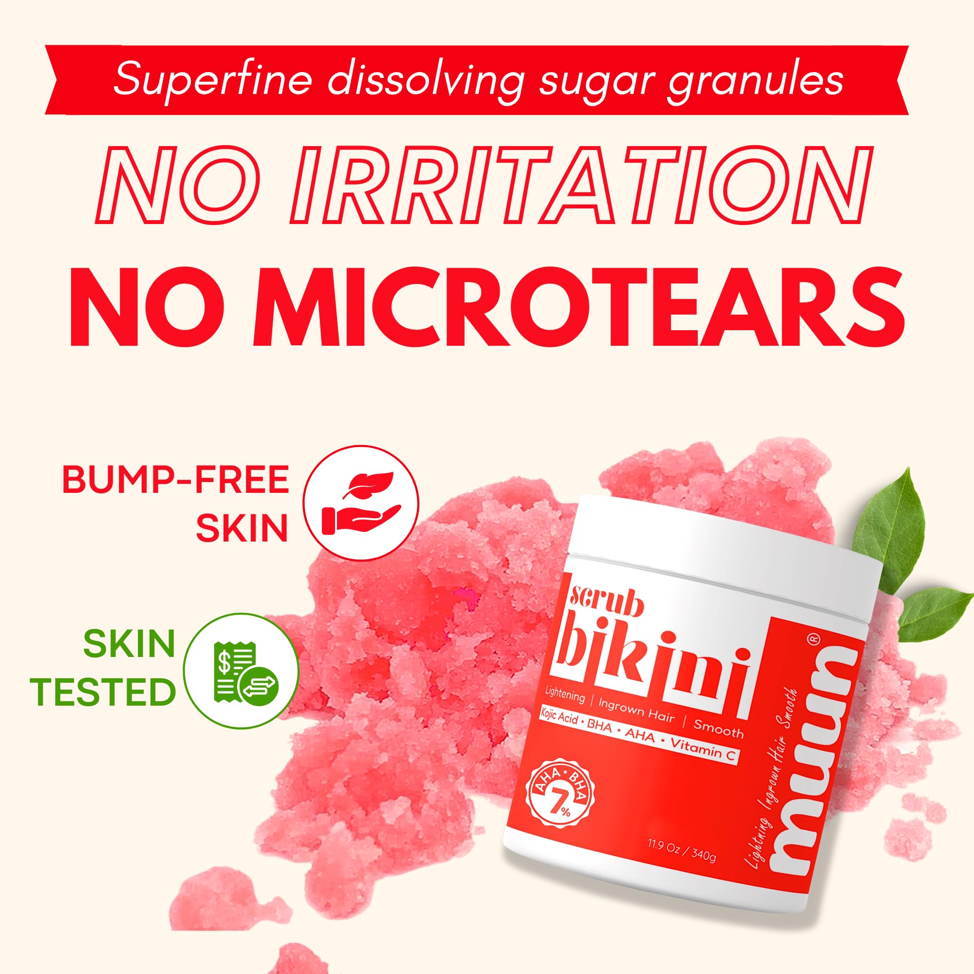 Muun Exfoliador Bikini: ingredientes clave como ácido glicólico y vitamina C para tono.
