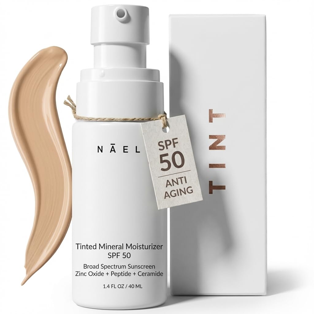 NAELI protector mineral SPF50 en botella, protección y acabado natural.