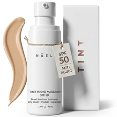 NAELI protector mineral SPF50 en botella, protección y acabado natural.