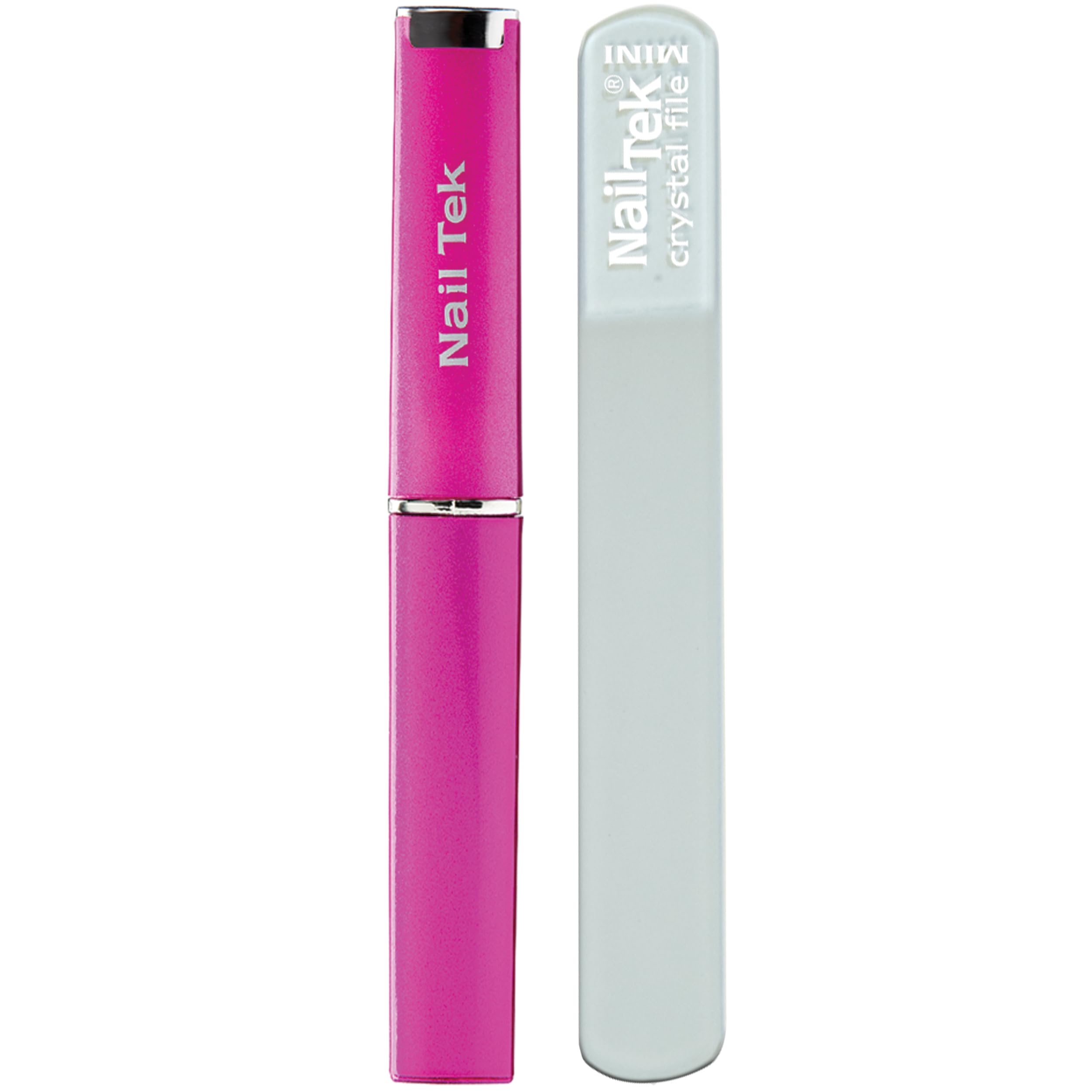 Lima de cristal Nail Tek mini 3 rosa con estuche, ideal para viaje.