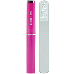 Lima de cristal Nail Tek mini 3 rosa con estuche, ideal para viaje.