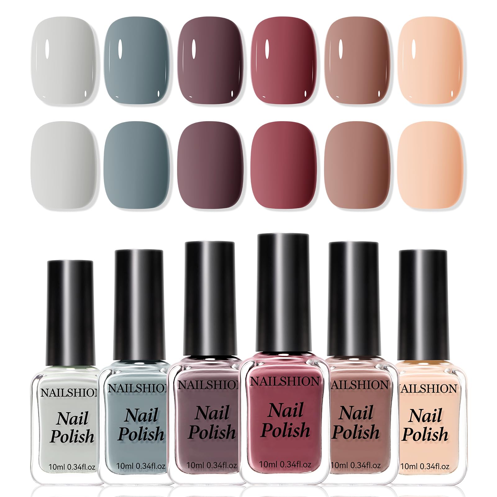 Nailshion Nude Grays: botellas del conjunto de esmaltes, colores neutros para uñas.