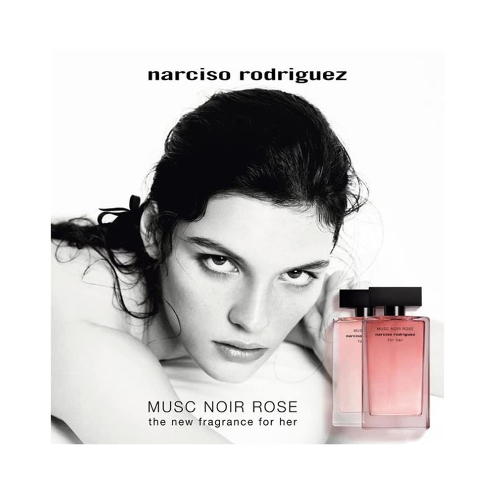 Narciso Rodriguez Musc Noir Rose, etiqueta, detalle premium para coleccionistas de fragancias.