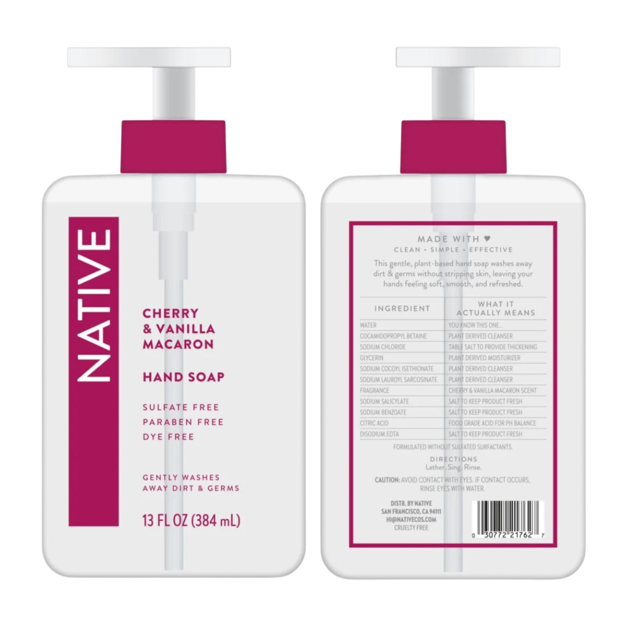 Coconut & Vanilla label on Native hand soap bottle emphasizes clean ingredients