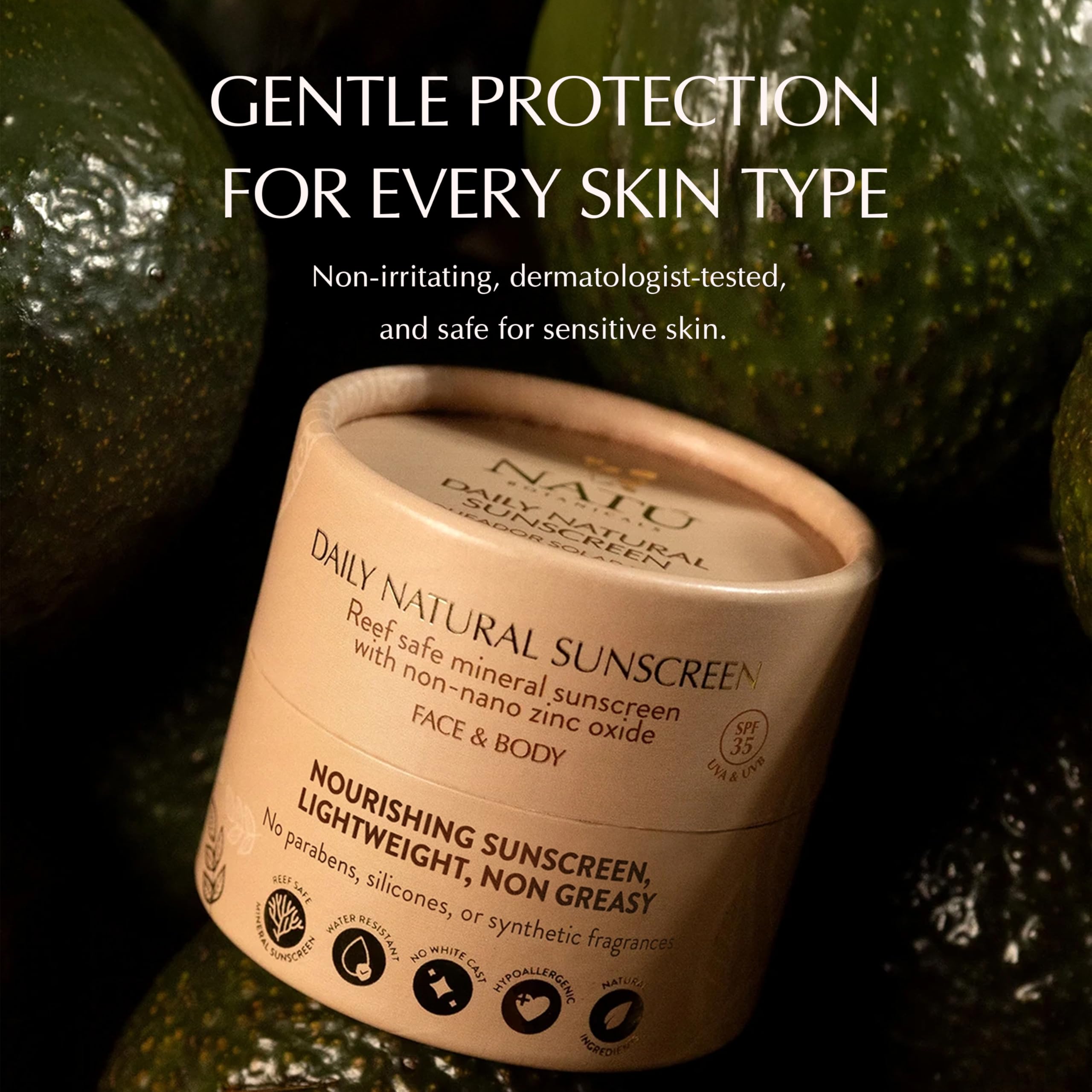 NATÚ BOTANICALS fórmula reef safe para piel sensible y ecosistemas marinos.