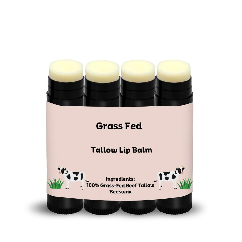 Natural Organic Storefront Beef Tallow Lip Balm four-pack front view demonstrates on-the-go hydration.