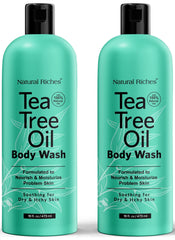 Natural Riches aceite de árbol de té, botella frontal, cuidado suave para piel sensible.