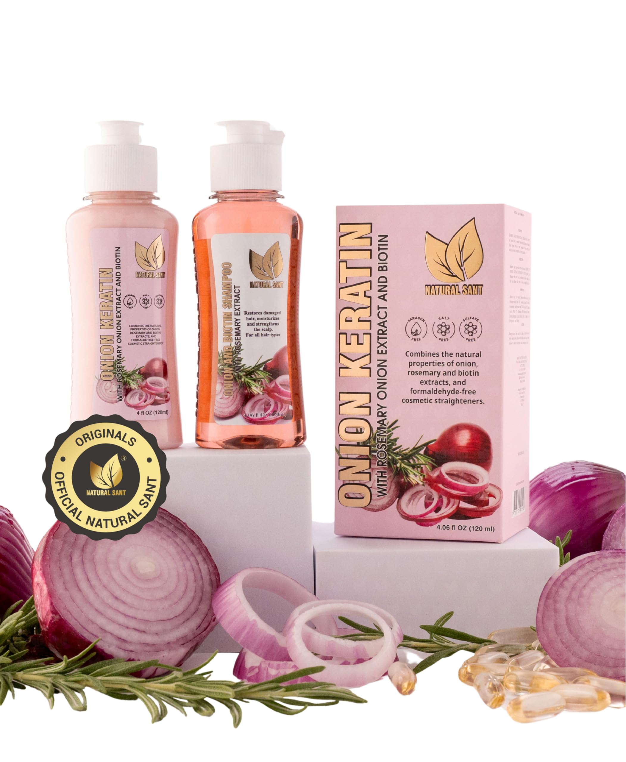 Natural Sant DuoBox cebolla-queratina, botella primer plano para reparación suave