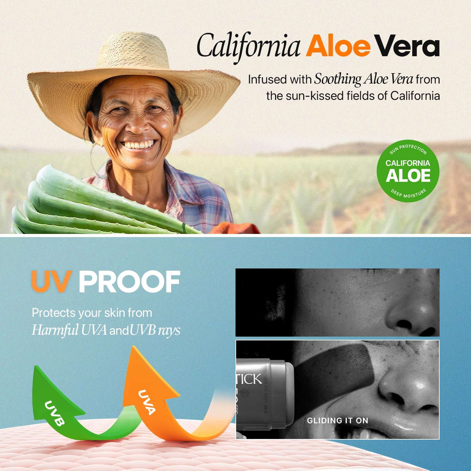 Nature Republic Aloe Fresh Powdery Sun Stick: protección SPF50+ resistente al agua para días activos.