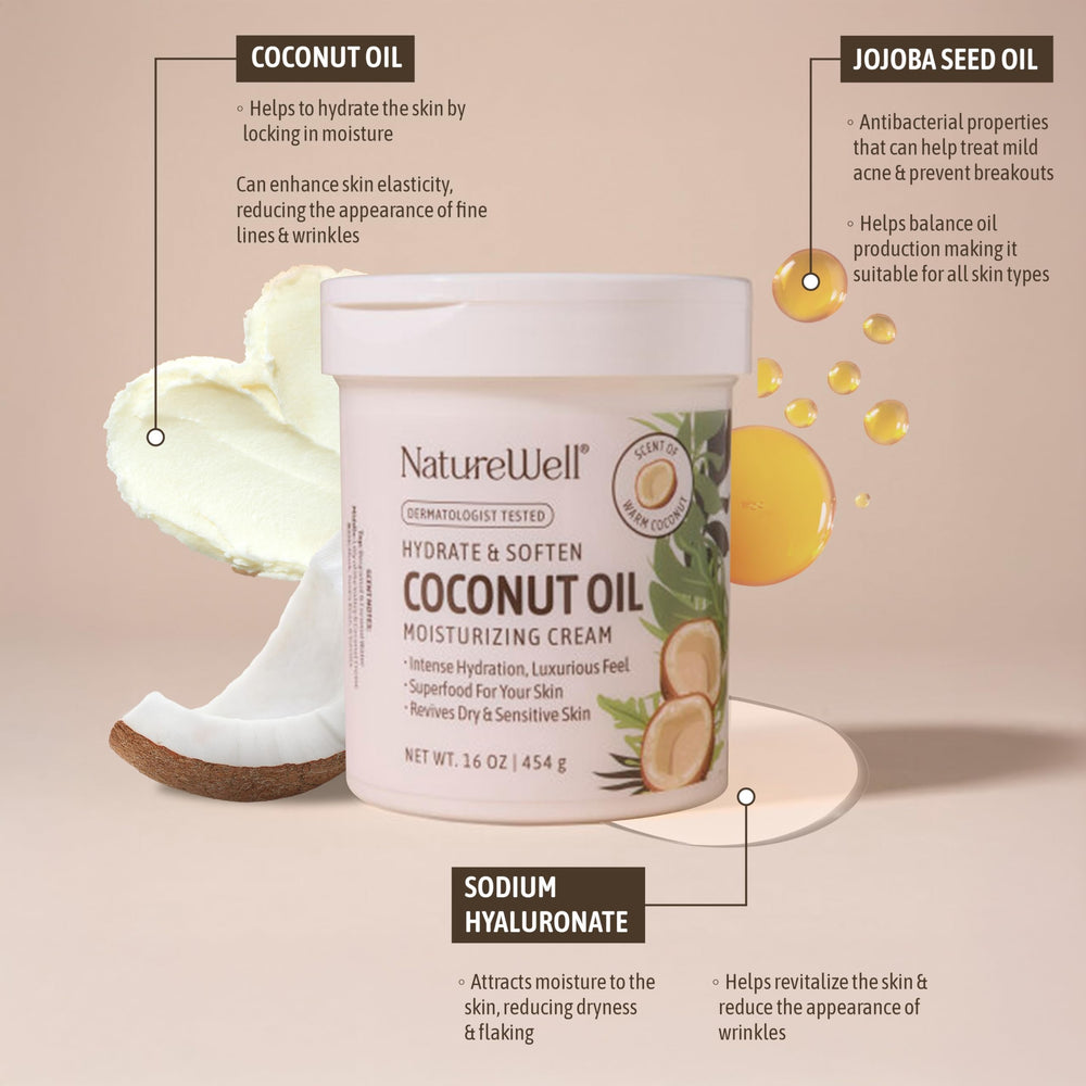 NatureWell crema coco, aplicación en rostro para hidratación diaria.