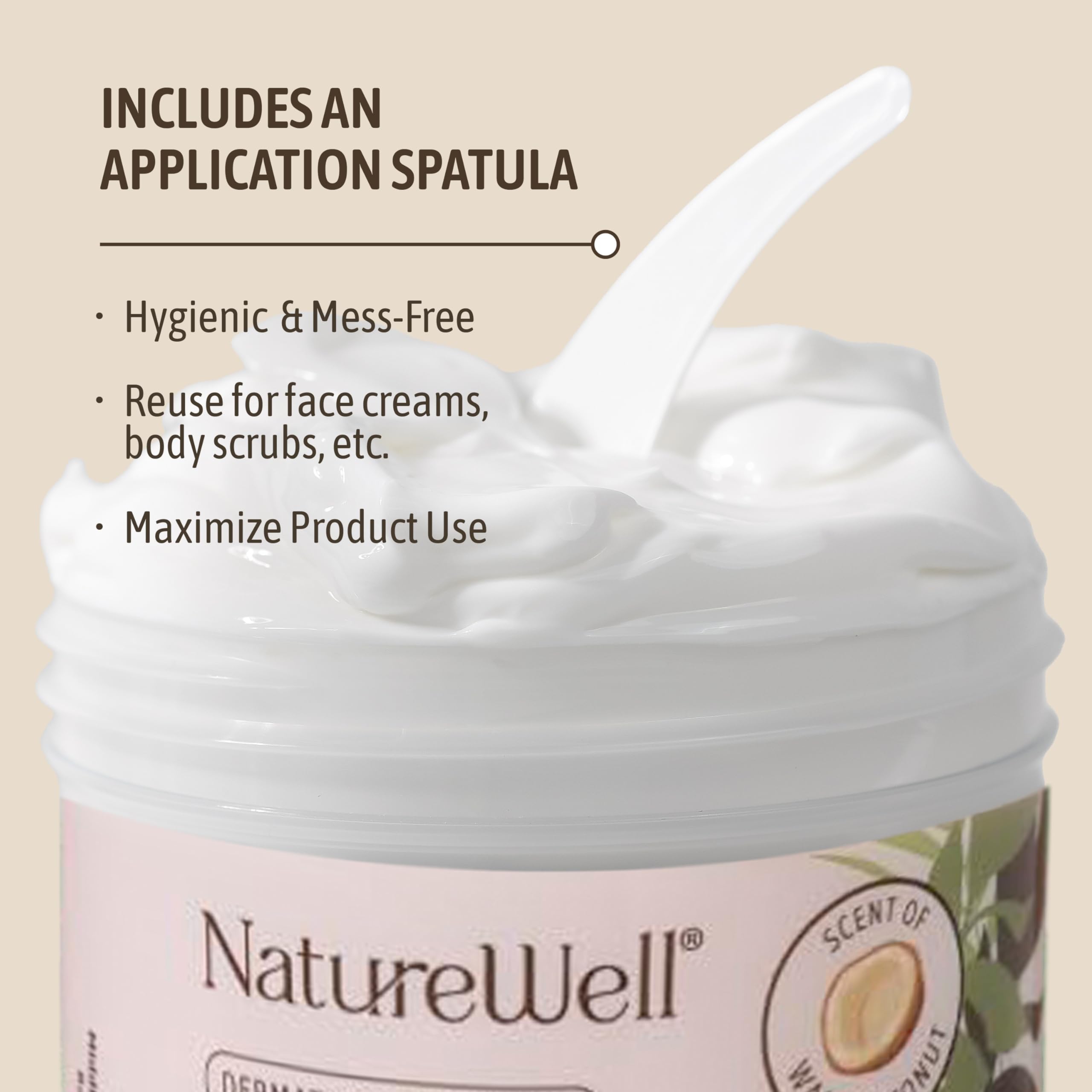 NatureWell crema coco, ingredientes naturales y vitaminas A, C y E.