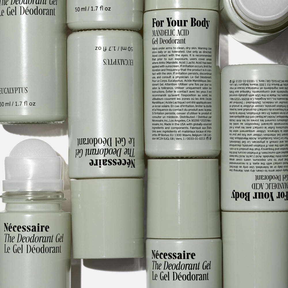 Nécessaire eucalyptus deodorant gel label close-up highlighting aluminum-free formula.