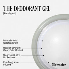 Nécessaire eucalyptus deodorant gel mandelic acid ingredients panel highlights skin-friendly odor control.